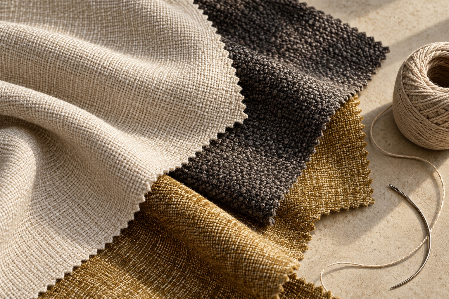 Illustrative ivory, charcoal and gold upholstery fabrics with a curved needle and thread